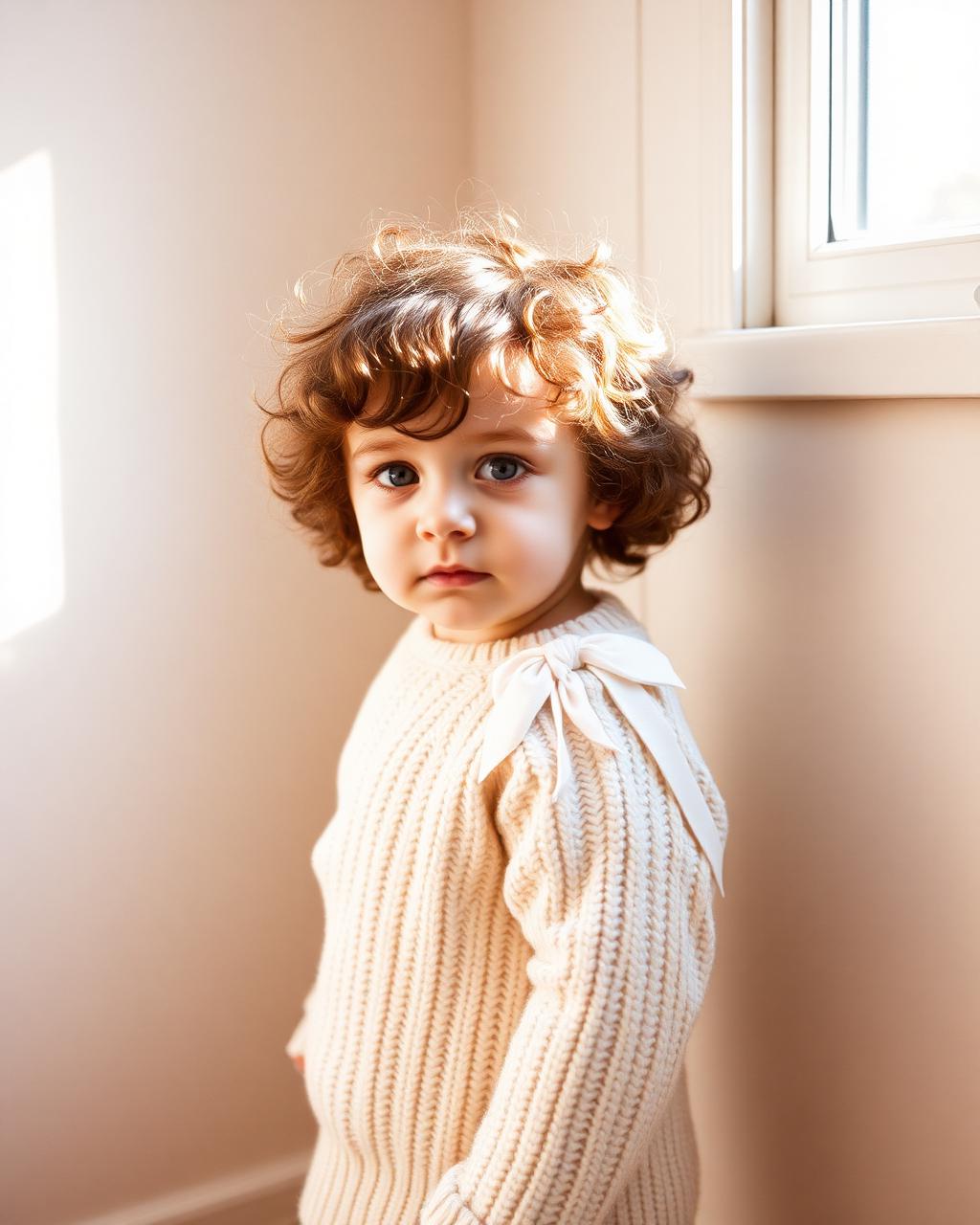 Kind in cremefarbenem Strickpullover
